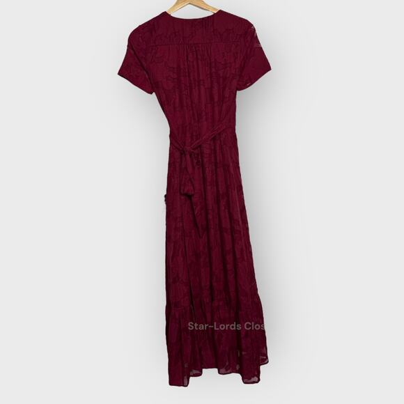 Lulus XS Burgundy Floral Midi Wrap Dress V-Neck Short Sleeve Romantic Occasion - Picture 9 of 10